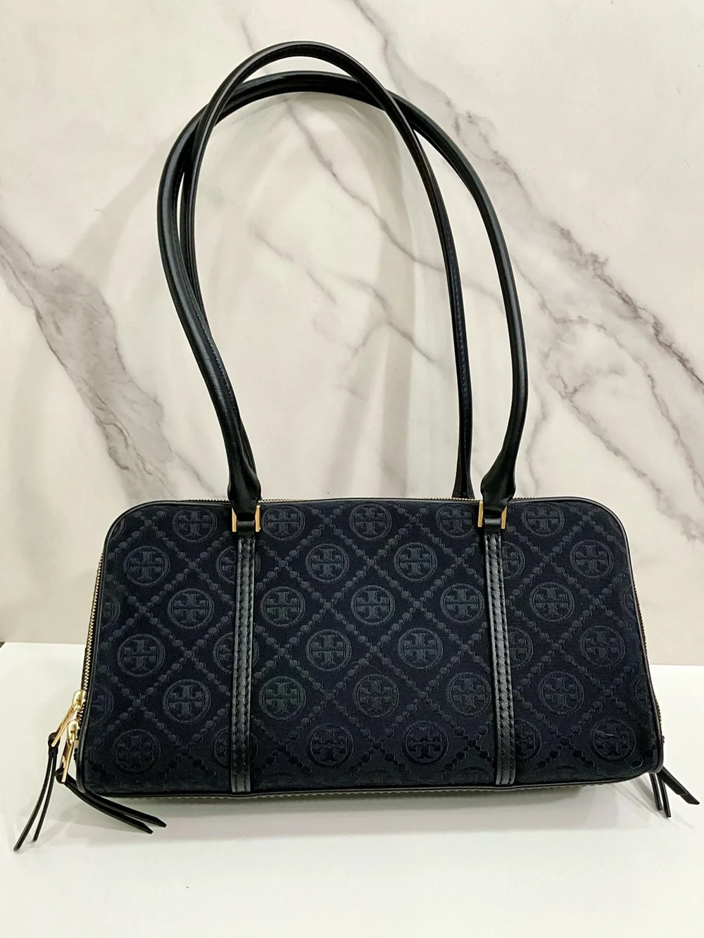 Tory Burch Black T Monogram Marshmallow Jacquard Shoulder Bag  Gold Hardware